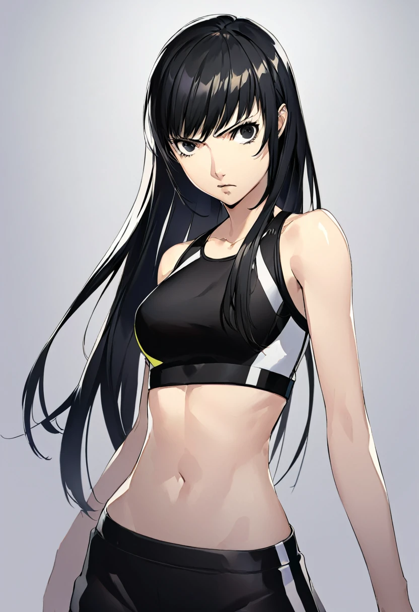 Long hair, black hair, black eyes, one girl, sports shorts, sports top, white jacket, black shorts, black top, medium breasts, serious expression, midriff