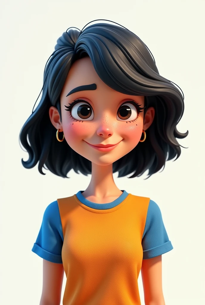 create a 3d image/cartoon , of a 43 year old woman, black wavy bob hair, slanted eyes, blue and orange t-shirt, freckles on the face, white background