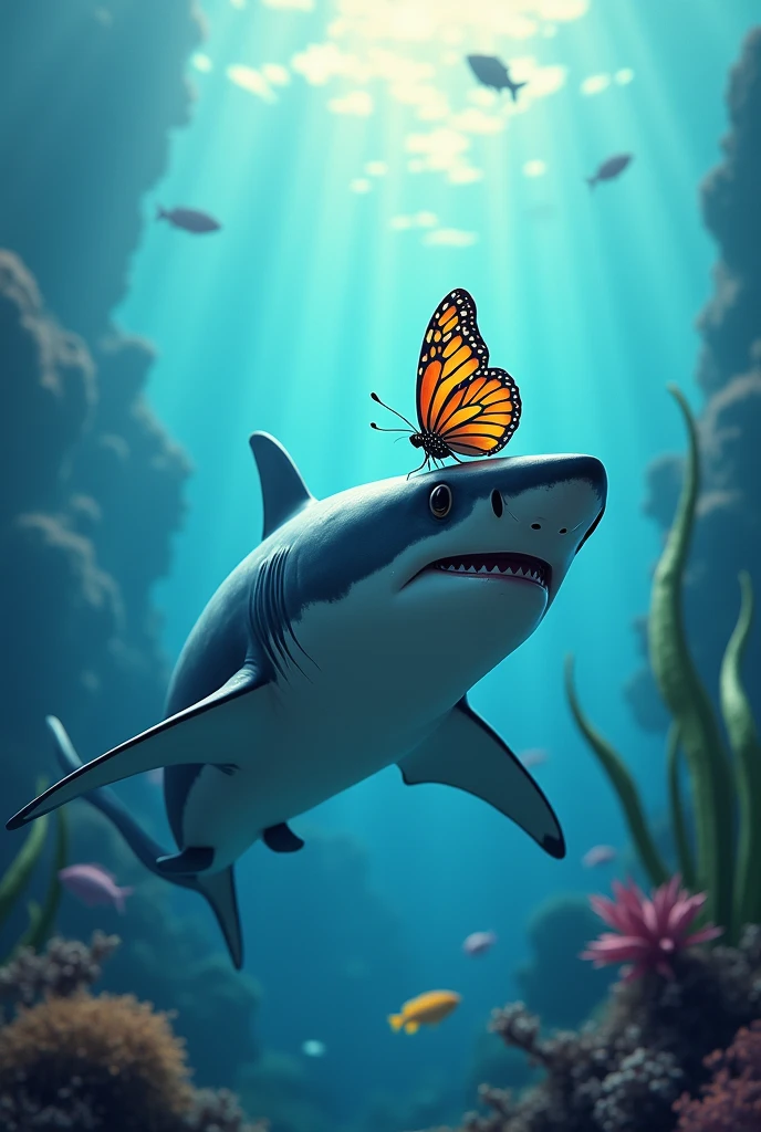 Create a butterfly on a shark in the water