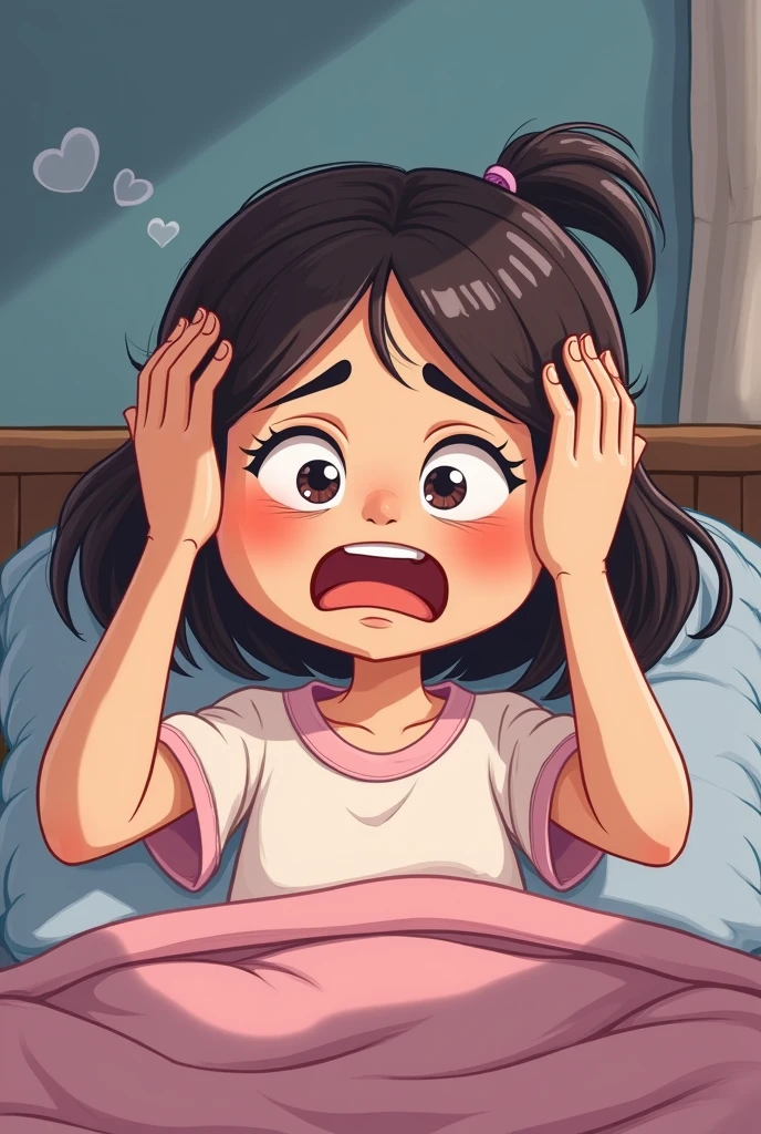 Girl touching her head with both hands because she can't sleep (cartoon image)