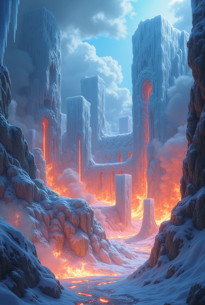 Make a Colosseum of Ice and Fire, with hot and cold steam, (anime biome)