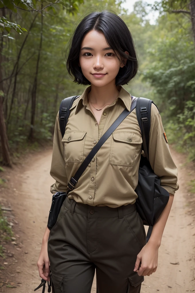 Woman, 23 year old, gaucho, short black hair, Caucasian skin, open smirk, Khaki cargo pants, black loose blouse, trail backpack, is on a trail, Camera in hand