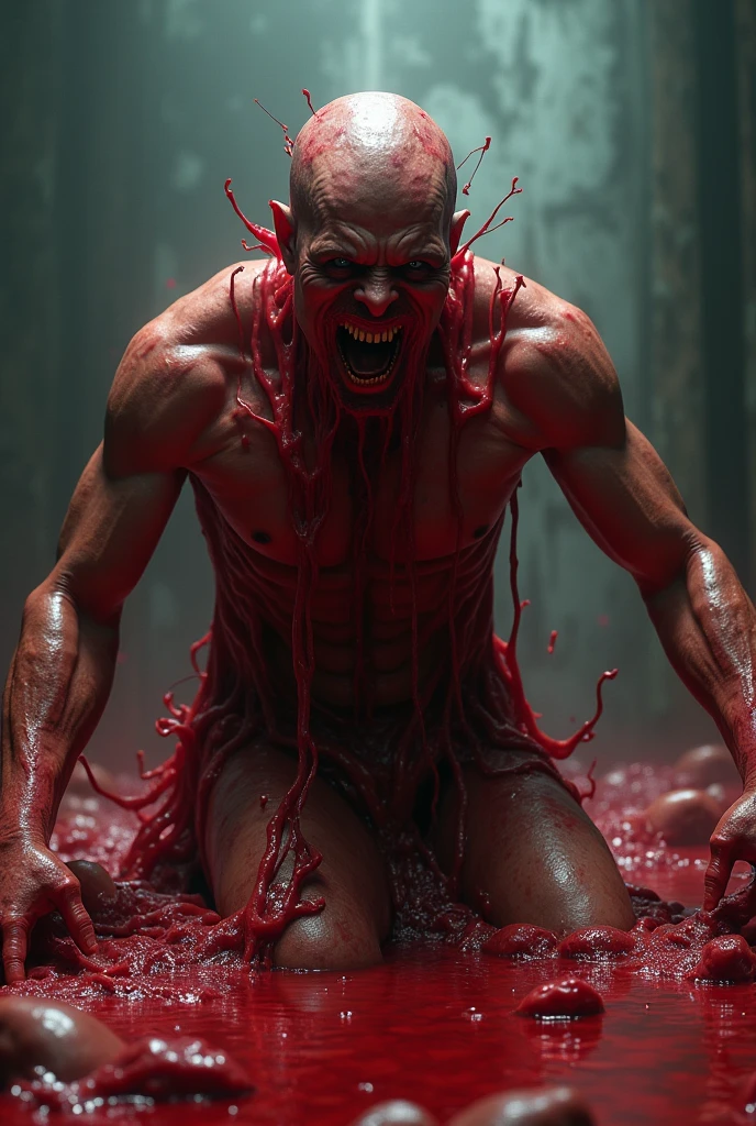 Dramatic, man emerging inside from meat blob, blood, meat, gooey