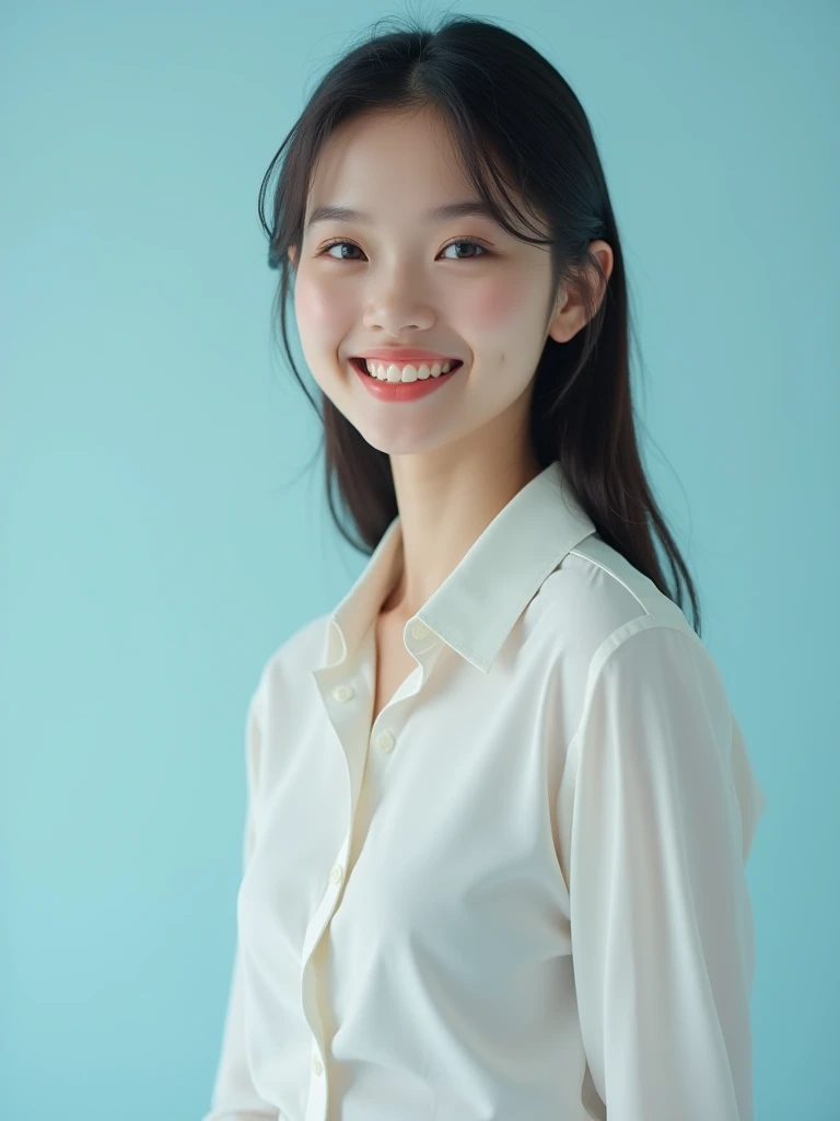a young woman of 20 years old, detailed portrait, long sleeve minimalist shirt with perfect fit, elegant and discreet formal pants, beautiful hair and perfect smile, light blue background, high quality portrait, photorealistic, cinematic lighting, fashion editorial, elegant, refined