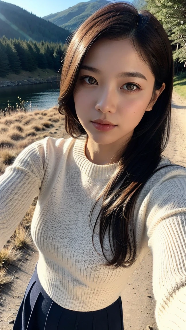 1 woman ((Upper part of the body selfie, happy)), masterpiece, Best Quality, ultra detailed, Alone, outdoor, (evening), mountains, nature, (stars, officer) happy, happy, schoolbag, sleeping bag, camping stove, Water bottle, Mountain boots, gloves, sweater, has, flashlight, forest, rocks, river, wood, smoke, darkness, contrast, clear sky, analog style (look at the viewer:1.2) (skin texture) (film grain:1.3), (warm tone, warm tone:1.2), close up, cinematic light, side lighting, ultra high resolution, best shadow, raw, Upper part of the body, wearing sweater