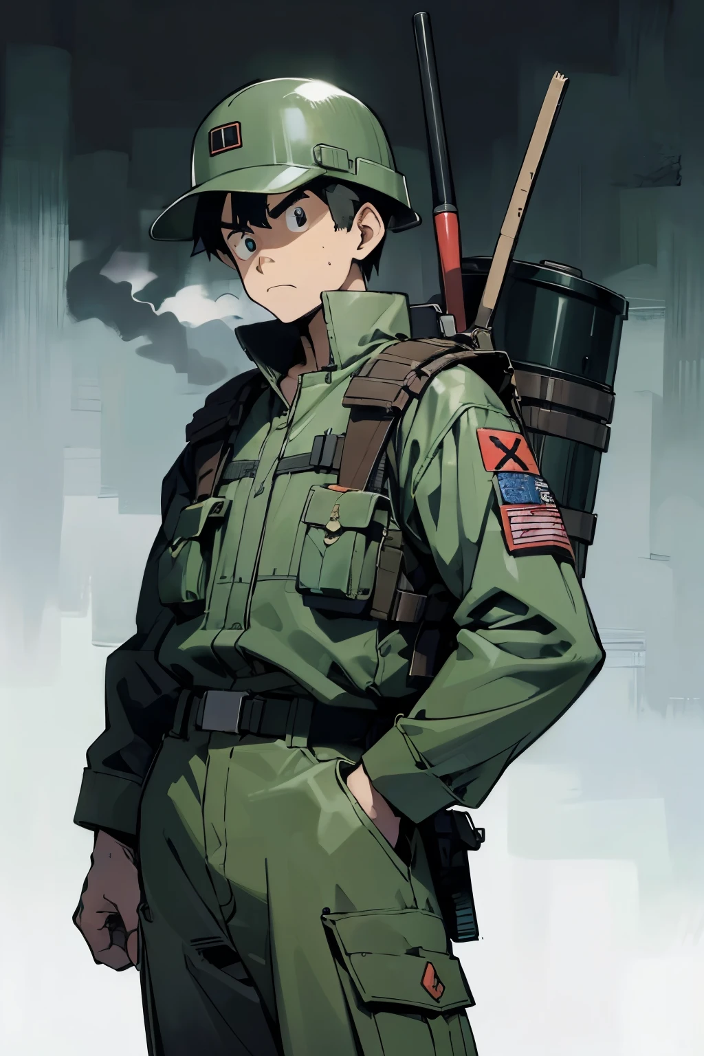 by Ken Sugimori, sugimori 1990s, ((only 1man)),  adult, camoflauge uniform, backpacker, survivalist, bullet proof vest, scowling, helmet, misty wisps in the background, supernatural ((hands behind their back)), full black pupils, manga, best quality, highly detailed, clean lines, cowboy shot, good hands, good eyes, hd, 8k, professional, symmetrical, hires, 8k,