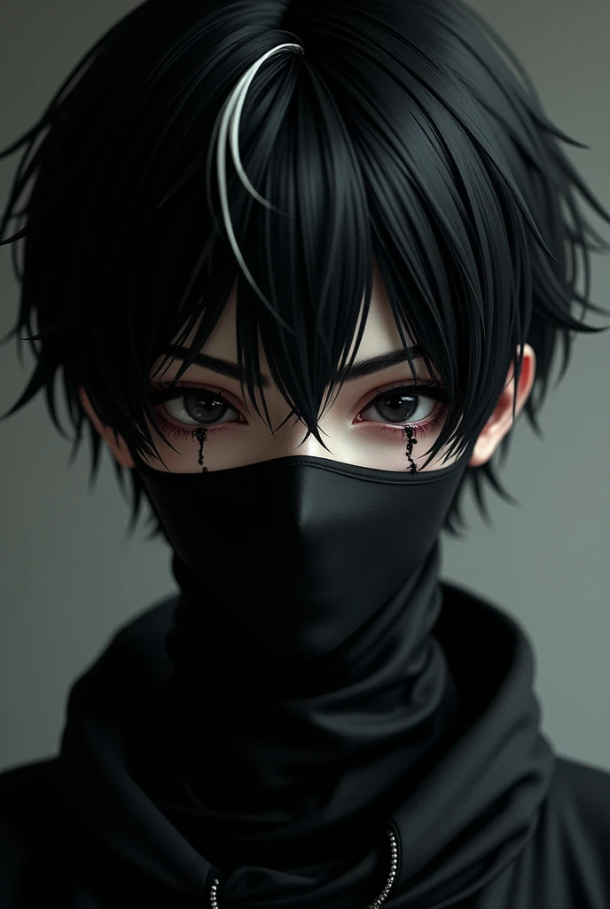 Dark young man, black hair with a small white streak. He wears a mask covering his nose and mouth. There is a deep scar on his left eye and it is clear that this eye is blind.. The right eye has a completely black iris.. PICTURE REALISTIC.
