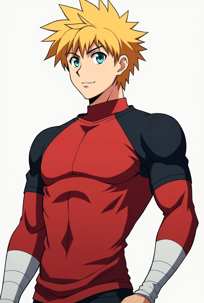 styled: アニメ, inspired by the Knights of the Zodiac.
body hair: blond, with a cut similar to Seiya&#39;s, but with a more pronounced tuft. The hair should have a slight upward movement., giving a more relaxed air.
eyeballs: blue, expressive and with an intense shine.
vestimentas:
Base: Red cotton t-shirt, tight to the body and long sleeves male character Put white bands on the forearm leaving only the fingers showing and a black shirt Over the red shirt and Increase the muscles The black shirt should be overlapped over the red shirt The long-sleeved red shirt goes underneath and the short-sleeved black shirt goes on top as an overlap The shirt has long sleeves The shirt has long sleeves And there are 2 pieces of clothing The bottom shirt is red and the top is black I am one of the It&#39;s not like that it&#39;s wrong it&#39;s not like that