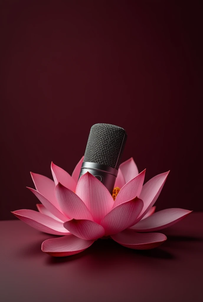 A microphone resting on a  maroon color lotus flower with maroon background