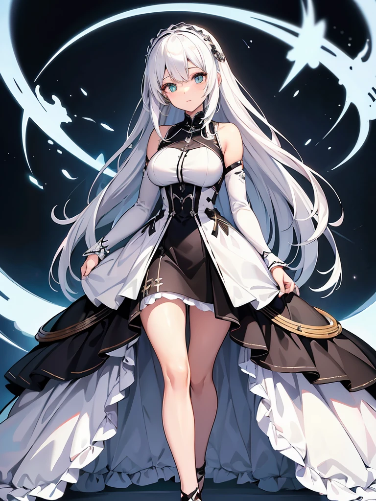 Masterpiece, ultra detailed illustration, ultra detailed, one girl, pitch black background, full body, standing, face and eyes ultra detailed, anime character with long white hair and black dress, god with white hair, from arc knights, cute anime wife in nice dress, white hair, in dress, trending art station on pixiv,. Girls Frontline, white hair, official character art, perfect girl with white hair, white haired woman, (shining sharp emerald eyes), dress is sleeveless, (perfect hands)