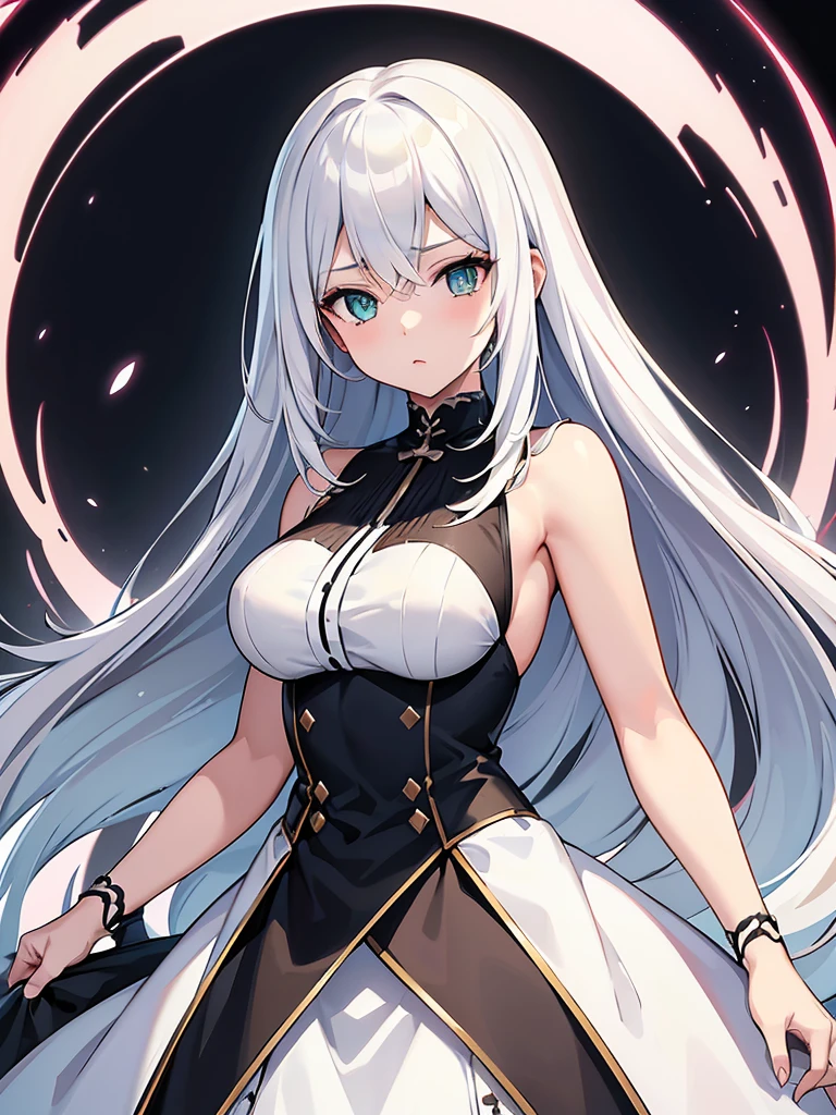 Masterpiece, ultra detailed illustration, ultra detailed, one girl, pitch black background, full body, standing, face and eyes ultra detailed, anime character with long white hair and black dress, god with white hair, from arc knights, cute anime wife in nice dress, white hair, in dress, trending art station on pixiv,. Girls Frontline, white hair, official character art, perfect girl with white hair, white haired woman, (shining sharp emerald eyes), dress is sleeveless, (perfect hands)