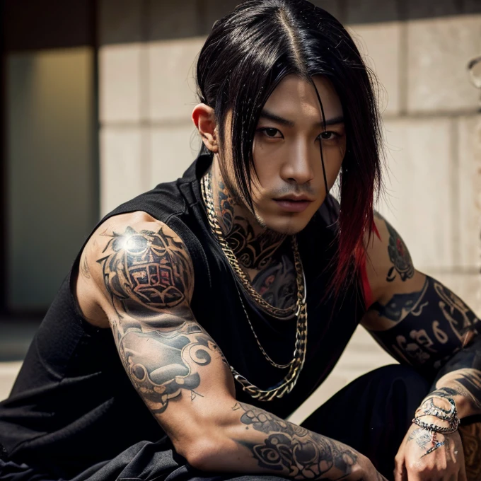1 man, Japanese man, male, Asian eyes, muscular, broad shoulders, yakuza tattoos, hairstyle Visual Kei style, hair Visual Kei, black men's shirt and black pants, ultra detailed face, hyperrealistic, realistic representation, long hair, long hair, 30 years old, age 30 years, blonde hair