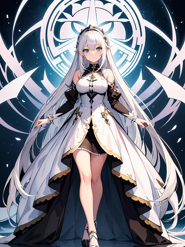 Masterpiece, ultra detailed illustration, ultra detailed, one girl, pitch black background, full body, standing, face and eyes ultra detailed, anime character with long white hair and black dress, god with white hair, from arc knights, cute anime wife in nice dress, white hair, in dress, trending art station on pixiv,. Girls Frontline, white hair, official character art, perfect girl with white hair, white haired woman, (shining sharp emerald eyes), dress is sleeveless, (perfect hands)