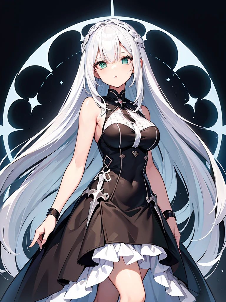 Masterpiece, ultra detailed illustration, ultra detailed, one girl, pitch black background, full body, standing, face and eyes ultra detailed, anime character with long white hair and black dress, god with white hair, from arc knights, cute anime wife in nice dress, white hair, in dress, trending art station on pixiv,. Girls Frontline, white hair, official character art, perfect girl with white hair, white haired woman, (shining sharp emerald eyes), dress is sleeveless, (perfect hands)