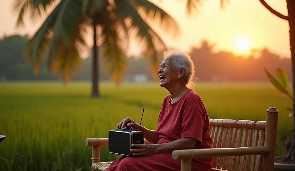 A 70-year-old grandmother laughs while listening to a transistor radio on a bamboo bench in her backyard. A coconut tree with rice fields in the evening sun. HDR virtual reality.
