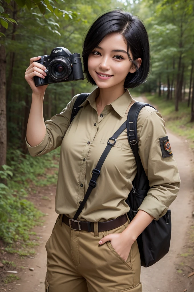 Woman, 23 year old, gaucho, short black hair, Caucasian skin, open smirk, Khaki cargo pants, black loose blouse, trail backpack, is on a trail, a camera in the right hand