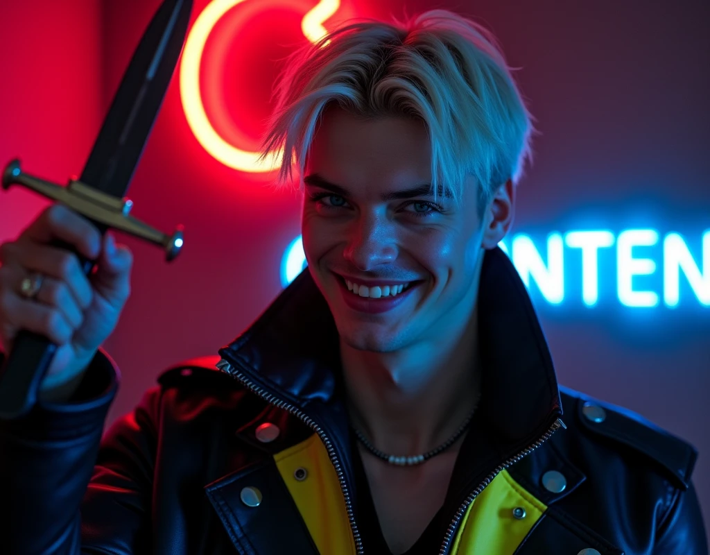 male fashion model,181cm tall, 22 years, pale skin, blue eyes, short hair, platinum blond hair, messy hair, side swept bangs, black leather jacket with yellow and bright blue accents, holding a dagger up:1.2, dark lighting, in luxury BDSM room, evil smiling expression, shark teeth instead of human, neon red crescent moon and blue neon sign in background that says "CONTEXT":1.1