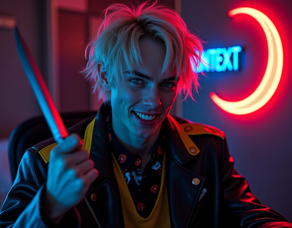 male fashion model,181cm tall, 22 years, pale skin, blue eyes, short hair, platinum blond hair, messy hair, side swept bangs, black leather jacket with yellow and bright blue accents, holding a dagger up:1.2, dark lighting, in luxury BDSM room, evil smiling expression, shark teeth instead of human, neon red crescent moon and blue neon sign in background that says "CONTEXT":1.1