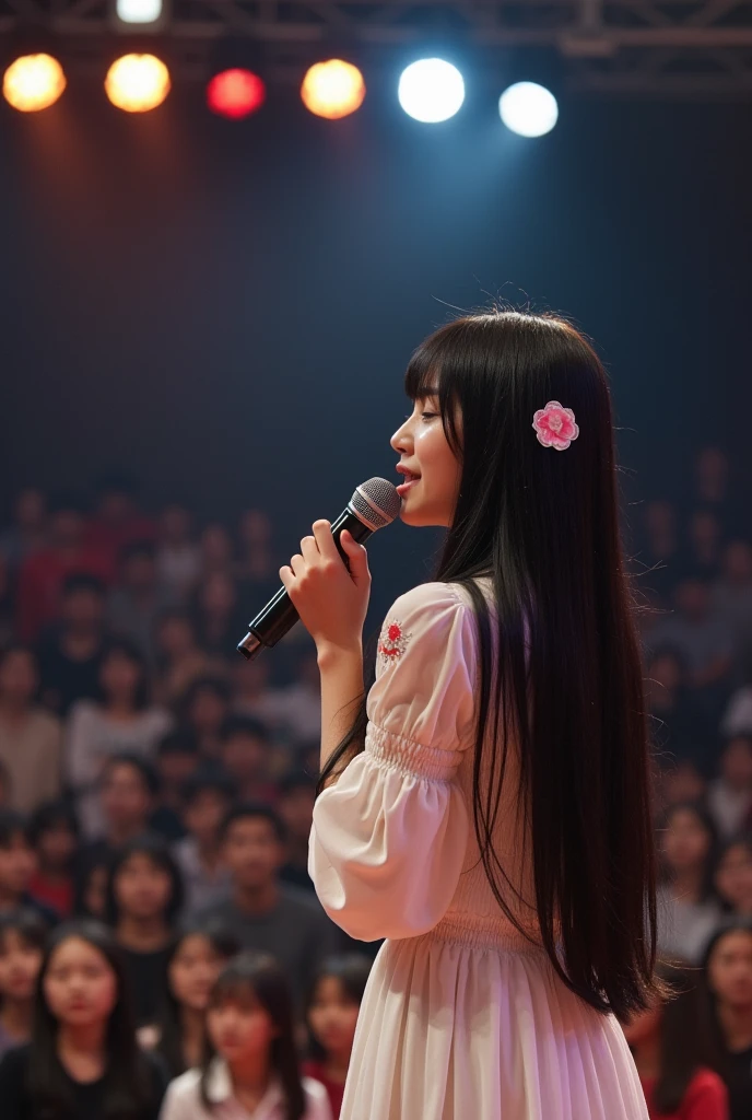 kpop female auditions in a hall. a girl with long black hair have sticker sticked on her top. judges sitting in front of her. girl singing full length
