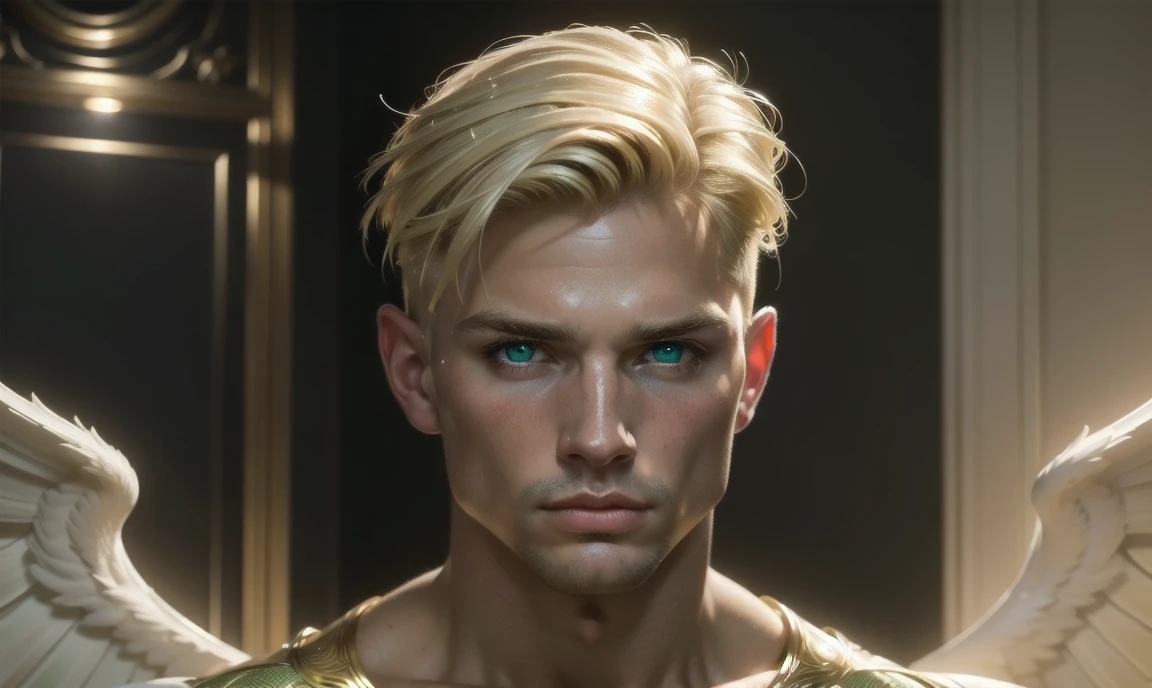 [((highly detailed, detailed eyes, detailed face, clear and realistic facial features, photorealistic, realistic light, cinematic)), (1 man), Gorgeous and sexy and powerful masculine male angel with large wings, ((short blond hair, green eyes)), (((aura of divine power))), standing in a cozy apartment at nighttime, ((light blush)), (((wearing an indignant expression)))]