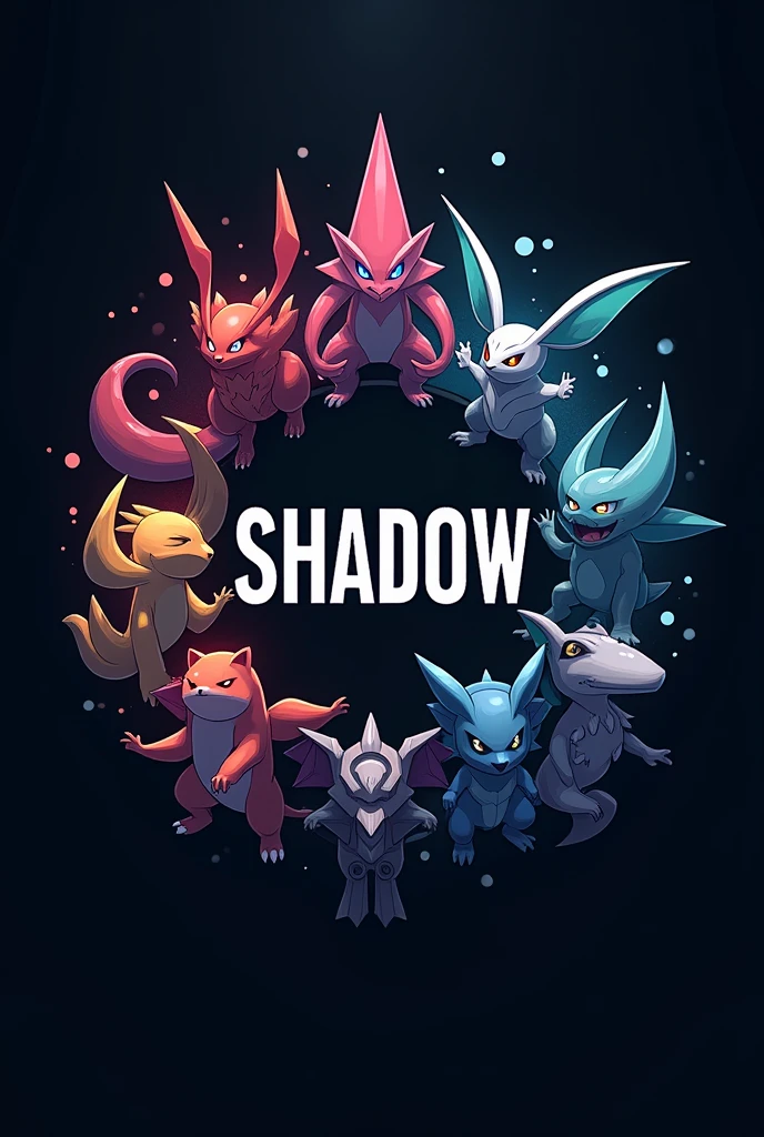 A poketibia clan logo with the name shadow in the center and several pokemons around it