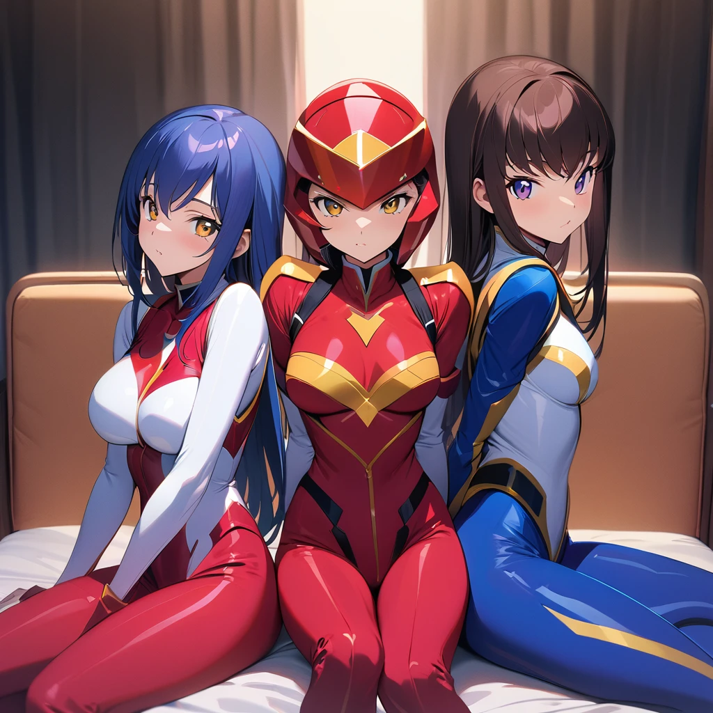 super sentai series, hero suits, girls surrounding, multiple girls, (masterpiece, best quality, ultra detailed), (code geass style, ), ( romantic, ), (close distance front face shot), sitting on bed, (looking at viewer), (incoming hug),