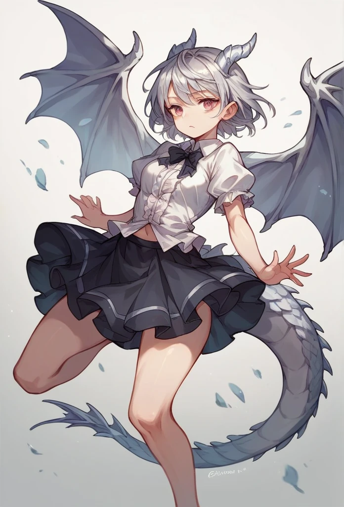 Cool girl,Black ruffled blouse,mini skirt,Silver short hair,Silver Dragon Horn,Silver Dragon Wings,Silver Dragon&#39;s Tail,Wear a long sword on your waist,,Black long boots,Downtown[:1.5],full body,Serious