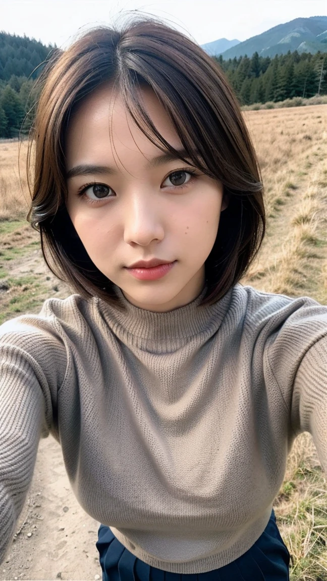 1 woman ((Upper part of the body selfie, happy)), masterpiece, Best Quality, ultra detailed, Alone, outdoor, (evening), mountains, nature, (stars, officer) happy, happy, schoolbag, sleeping bag, camping stove, Water bottle, Mountain boots, gloves, sweater, has, flashlight, forest, rocks, river, wood, smoke, darkness, contrast, clear sky, analog style (look at the viewer:1.2) (skin texture) (film grain:1.3), (warm tone, warm tone:1.2), close up, cinematic light, side lighting, ultra high resolution, best shadow, raw, Upper part of the body, wearing sweater