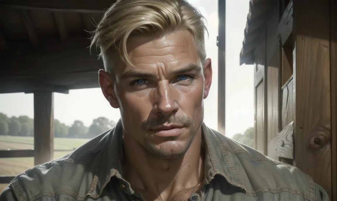 [((highly detailed, detailed eyes, detailed face, clear and realistic facial features, photorealistic, realistic light, cinematic)), ((((1 man)))), Mark is a handsome and alluring slender but muscular male farmer father aged 45 with short blond hair and a neat moustache and blue eyes and weathered skin wearing a flannelette shirt, ((sexy rural gay farmer)), ((greying dark-blond hair)), (((weathered mature face))), (((Mark has a seductive smirk on his face and a slight blush on his cheeks))), There is a charming yet dry southern farm in the background, (((air of sexual tension))) (((alluring longing glance)))]