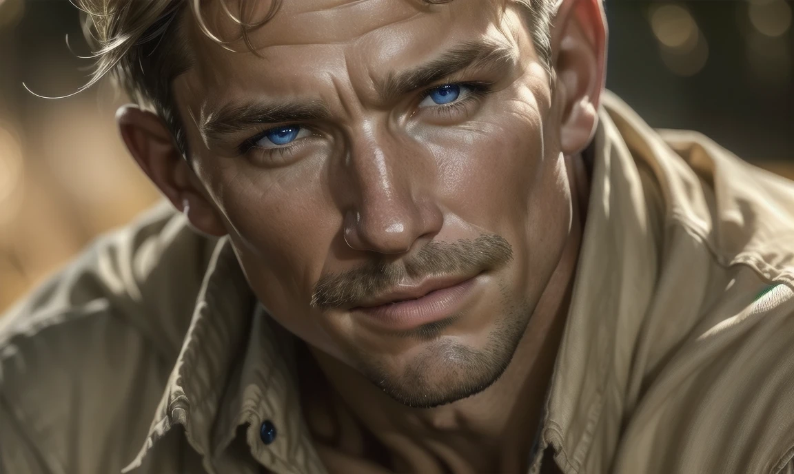[((highly detailed, detailed eyes, detailed face, clear and realistic facial features, photorealistic, realistic light, cinematic)), ((((1 man)))), Mark is a handsome and alluring slender but muscular male farmer father aged 45 with short blond hair and a neat moustache and blue eyes and weathered skin wearing a flannelette shirt, ((sexy rural gay farmer)), ((greying dark-blond hair)), (((weathered mature face))), (((Mark has a seductive smirk on his face and a slight blush on his cheeks))), There is a charming yet dry southern farm in the background, (((air of sexual tension))) (((alluring longing glance)))]