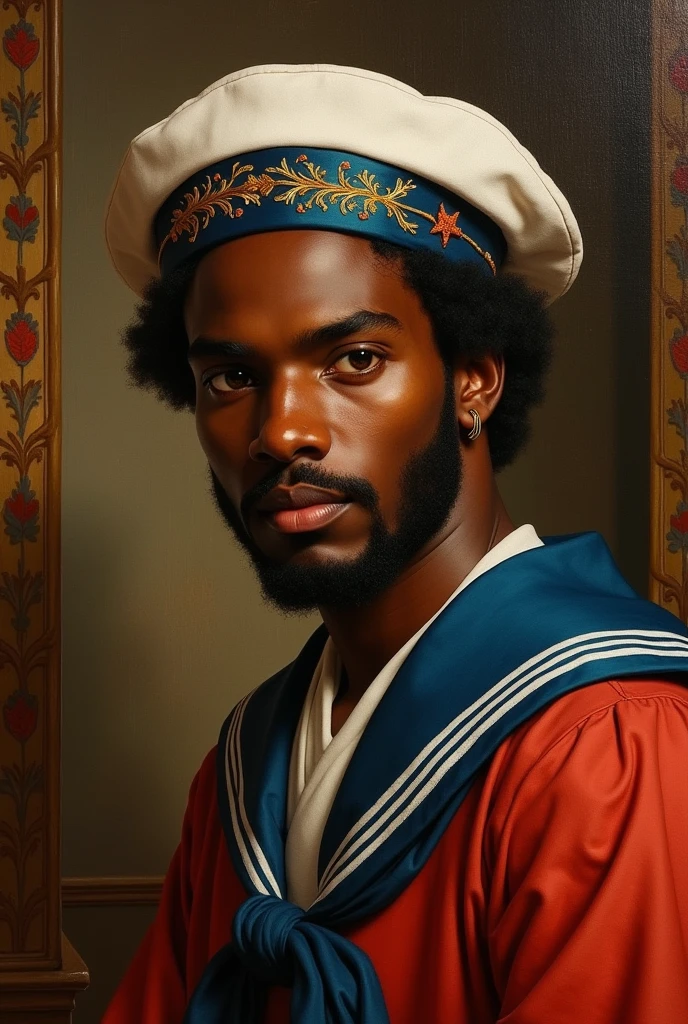 Renaissance portrait painting of a 1800s Italian black king aged 25 with a sailor's hat on