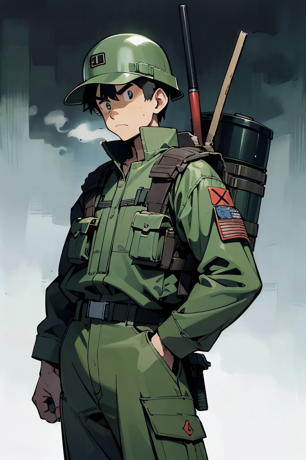 by Ken Sugimori, sugimori 1990s, ((only 1man)), adult, camoflauge uniform, backpacker, survivalist, bullet proof vest, scowling, helmet, misty wisps in the background, supernatural ((hands behind their back)), full black pupils, manga, best quality, highly detailed, clean lines, cowboy shot, good hands, good eyes, hd, 8k, professional, symmetrical, hires, 8k,