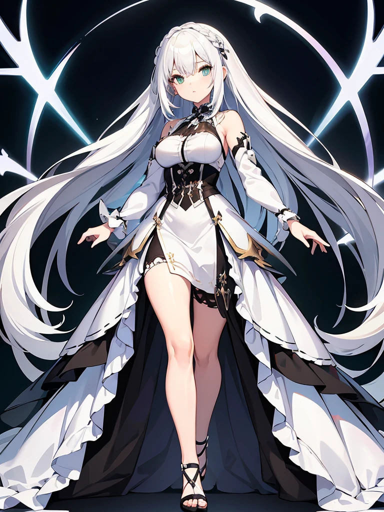 Masterpiece, ultra detailed illustration, ultra detailed, one girl, pitch black background, full body, standing, face and eyes ultra detailed, anime character with long white hair and black dress, god with white hair, from arc knights, cute anime wife in nice dress, white hair, in dress, trending art station on pixiv,. Girls Frontline, white hair, official character art, perfect girl with white hair, white haired woman, (shining sharp emerald eyes), dress is sleeveless, (perfect hands)
