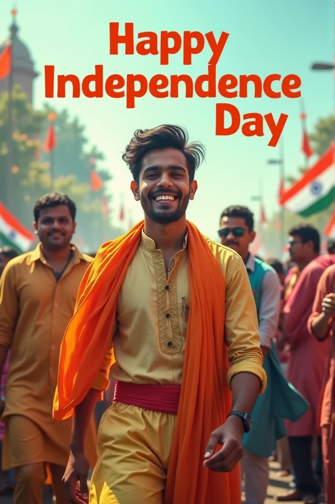 Generate a real-life image of a 21-year-old (boy) joyfully celebrating Indian Independence Day. The individual is dressed in traditional Indian attire with the name 'naresh' prominently displayed on their clothing. The sky above them features the words 'Happy Independence Day' in a bold font. The background is alive with a crowd of people celebrating, creating a vibrant and patriotic atmosphere."