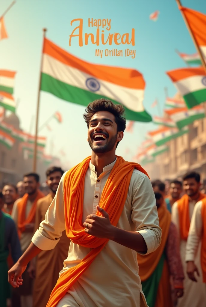 A real 20-year-old muslim boy joyfully celebrates Indian Independence Day. He is wearing traditional Indian outfits with the name "Abdullah" written on his attire. Above him, in the sky, the words "Happy Independence Day" are displayed in a bold font. The backdrop is filled with people celebrating, enhancing the festive and patriotic spirit of the day.
