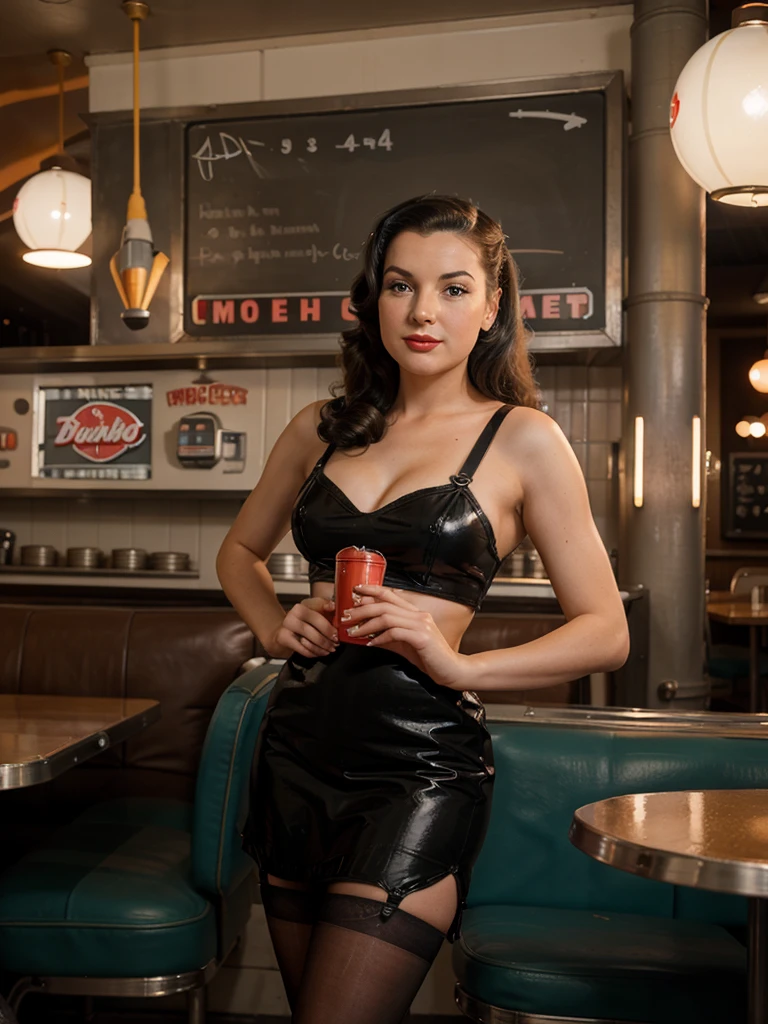 Please create an image of 1940s diner-in restaurant, space rocket themed, retro vibe, (1940s), pinup,  beautyfull pinup waitress in stockings