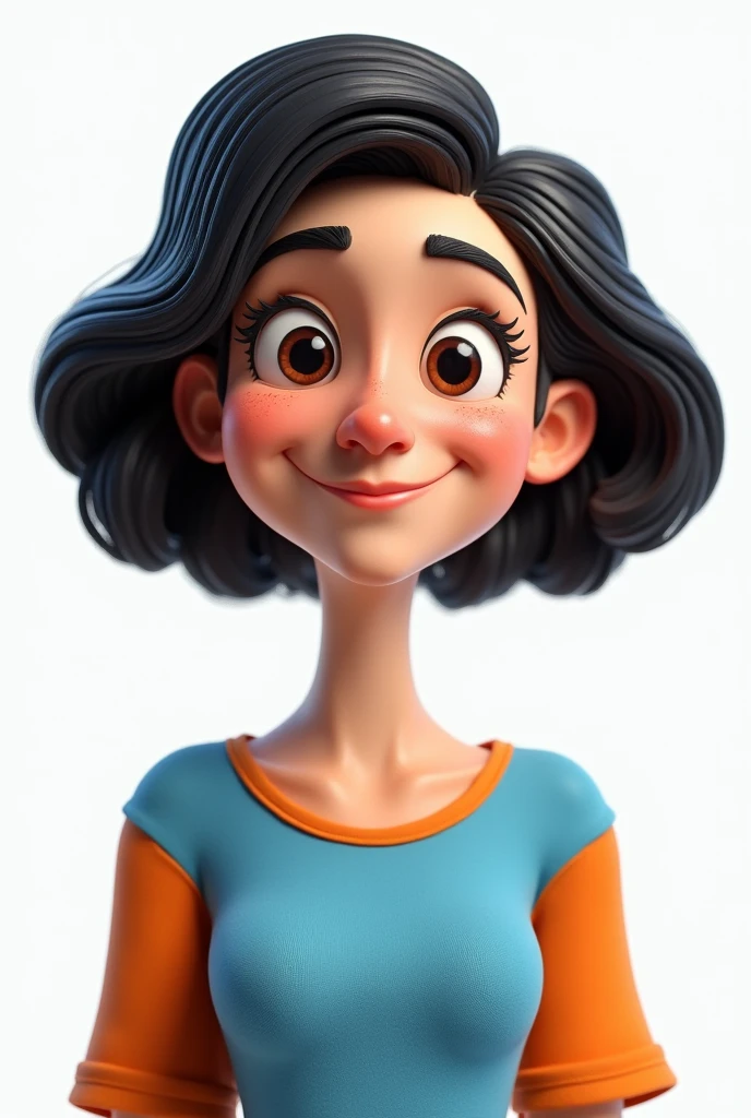 create a 3d image/cartoon , of a 43 year old woman, hexagonal face, black wavy bob hair, slanted eyes, blue and orange t-shirt,  freckles on the face, white background