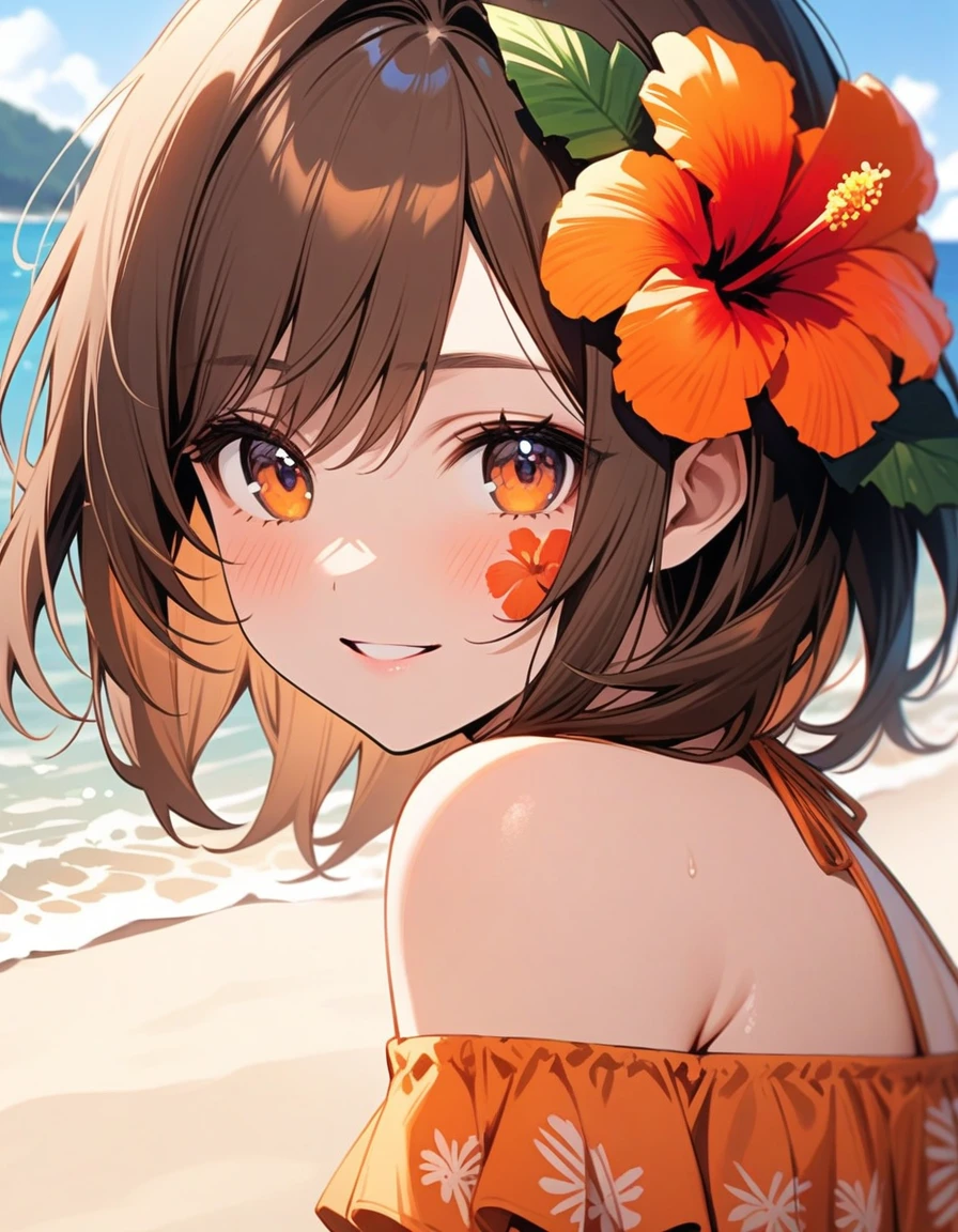 so beautiful, Beautiful Eyes, Highest quality, Very detailed, Intricate details, One Girl , Orange off-shoulder bikini, beach, alone, 1 female, Medium Hair, Brown Hair, Hibiscus hair accessory,Smile Facial,