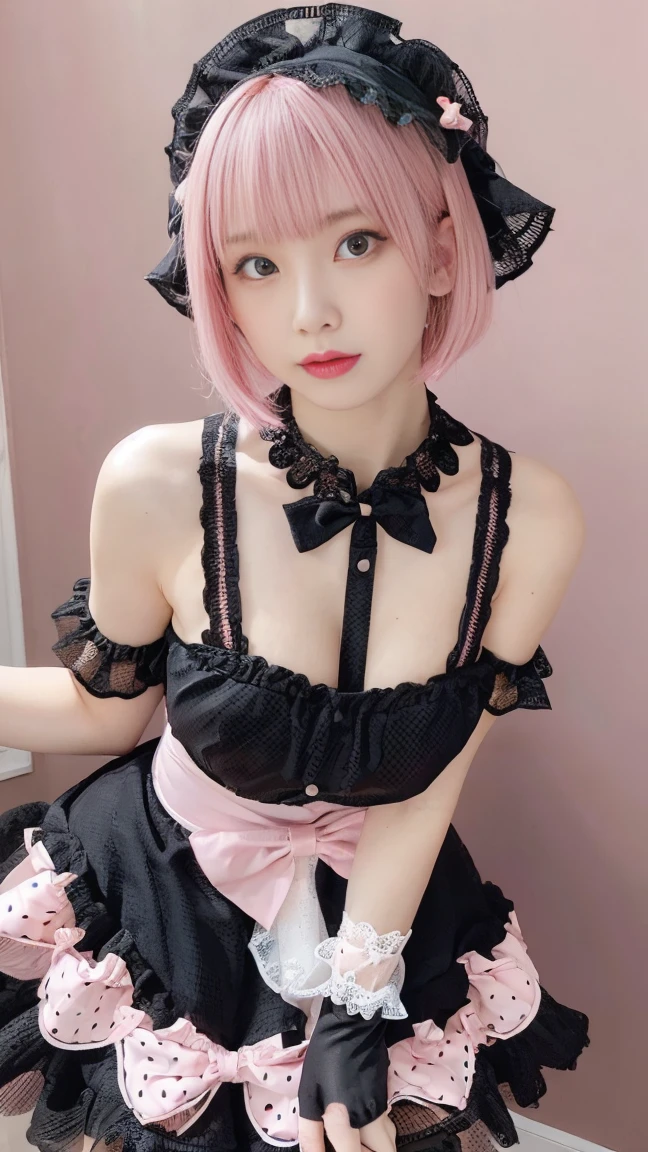 (8K, best quality, masterpiece:1,2), (Practical, Reality:1.37), Super Detail, A girl,), (Very detailedな), (Beautiful and detailed eyes), (best quality), (Very detailed ), (masterpiece), (Delicate face),20 years old, ,1 girl, whole body, pink hair,Very short hair, Medium chest, skirted, Perfect lighting, pussy and breast focus, View your audience, Excited face, mischievous face, rest in gothic lolita dress, (wear (pink:1.2) and (Black:0.8) skirt (Dots pattern:1.2) and lace appliques:1.4), wear no sleeves and halter neck, wear short skirt with layers of lace and tulle, (wear Black gloves and pink shoes with straps:1.4),
rest (wear Black hat with pink bow:1.3),
rest (short pink hair with spikes and bangs