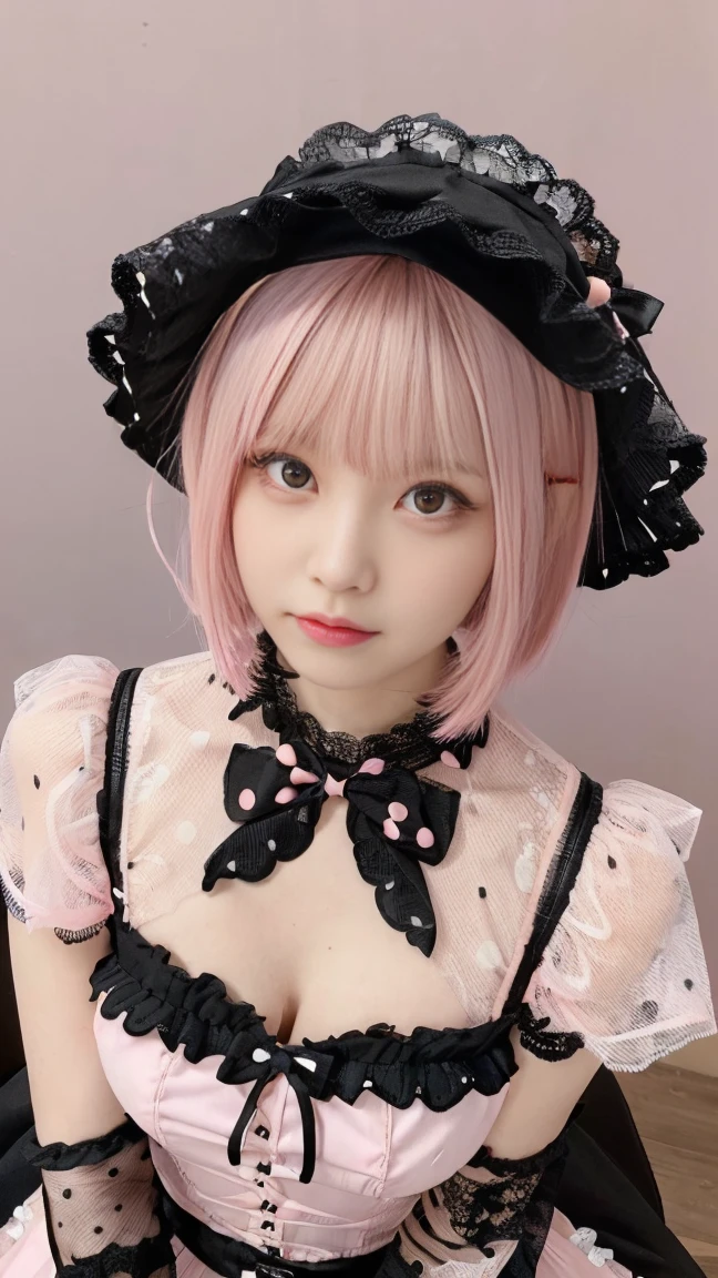 (8K, best quality, masterpiece:1,2), (Practical, Reality:1.37), Super Detail, A girl,), (Very detailedな), (Beautiful and detailed eyes), (best quality), (Very detailed ), (masterpiece), (Delicate face),20 years old, ,1 girl, whole body, pink hair,Very short hair, Medium , skirted, Perfect lighting,  and , View your audience, Excited face, mischievous face, rest in gothic lolita dress, (wear (pink:1.2) and (Black:0.8) skirt (Dots pattern:1.2) and lace appliques:1.4), wear no sleeves and halter neck, wear short skirt with layers of lace and tulle, (wear Black gloves and pink shoes with straps:1.4), 
rest (wear Black hat with pink bow:1.3), 
rest (short pink hair with spikes and bangs

