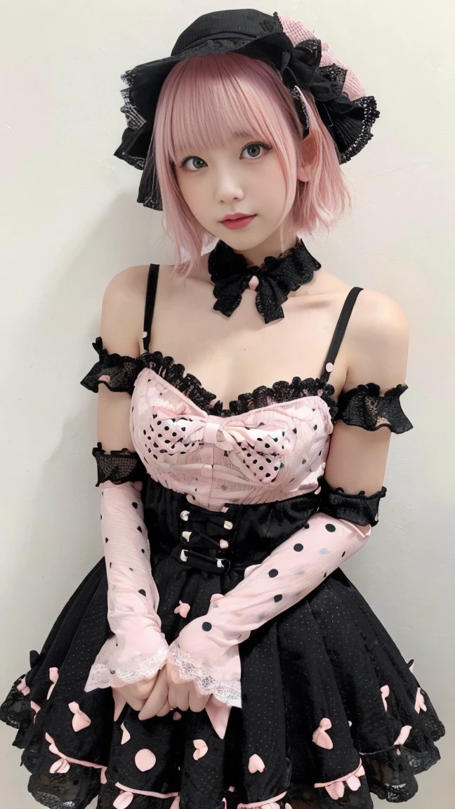 (8K, best quality, masterpiece:1,2), (Practical, Reality:1.37), Super Detail, A girl,), (Very detailedな), (Beautiful and detailed eyes), (best quality), (Very detailed ), (masterpiece), (Delicate face),20 years old, ,1 girl, whole body, pink hair,Very short hair, Medium chest, skirted, Perfect lighting, pussy and breast focus, View your audience, Excited face, mischievous face, rest in gothic lolita dress, (wear (pink:1.2) and (Black:0.8) skirt (Dots pattern:1.2) and lace appliques:1.4), wear no sleeves and halter neck, wear short skirt with layers of lace and tulle, (wear Black gloves and pink shoes with straps:1.4),
rest (wear Black hat with pink bow:1.3),
rest (short pink hair with spikes and bangs