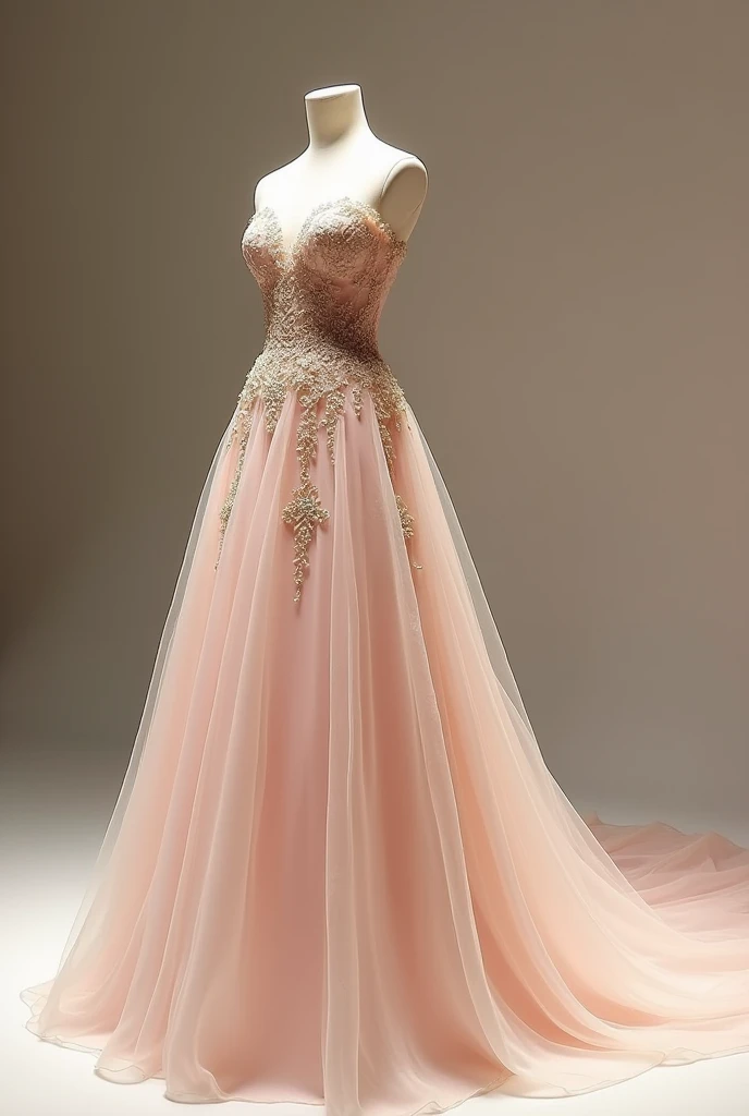 pink and gold wedding dress、Princess Line、Petal Dress、mannequin、Long Train