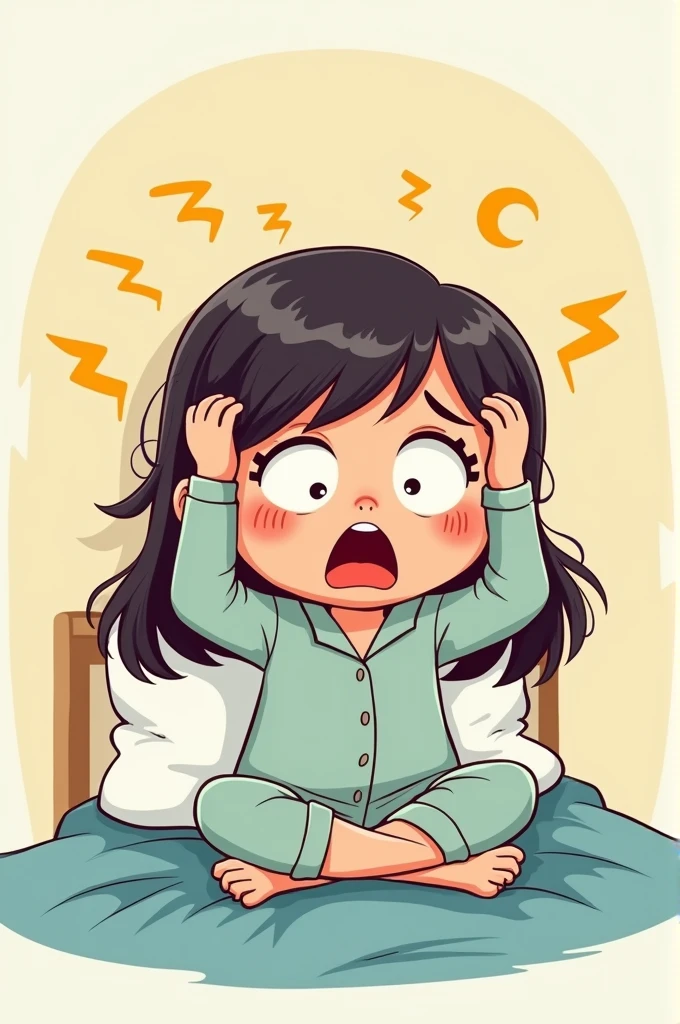 Girl touching her head with both hands because she can&#39;t sleep (cartoon image)