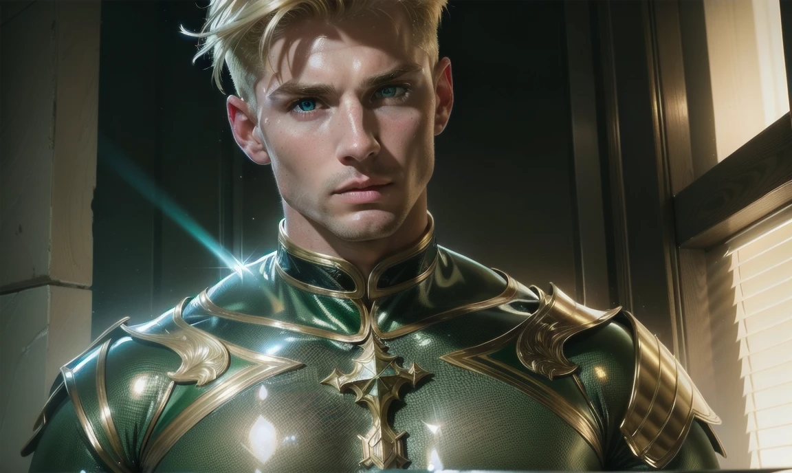 [((highly detailed, detailed eyes, detailed face, clear and realistic facial features, photorealistic, realistic light, cinematic)), (1 man), Gorgeous and sexy and powerful masculine male angel with large wings, ((short blond hair, green eyes)), ((wearing flattering clothes)), (((aura of divine power))), standing in a cozy apartment at nighttime, ((light blush)), (((wearing an indignant expression)))]