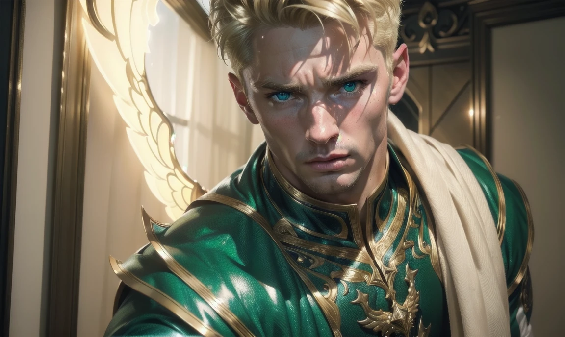 [((highly detailed, detailed eyes, detailed face, clear and realistic facial features, photorealistic, realistic light, cinematic)), (1 man), Gorgeous and sexy and powerful masculine male angel with large wings, ((short blond hair, green eyes)), ((wearing flattering clothes)), (((aura of divine power))), standing in a cozy apartment at nighttime, ((light blush)), (((wearing an indignant expression)))]