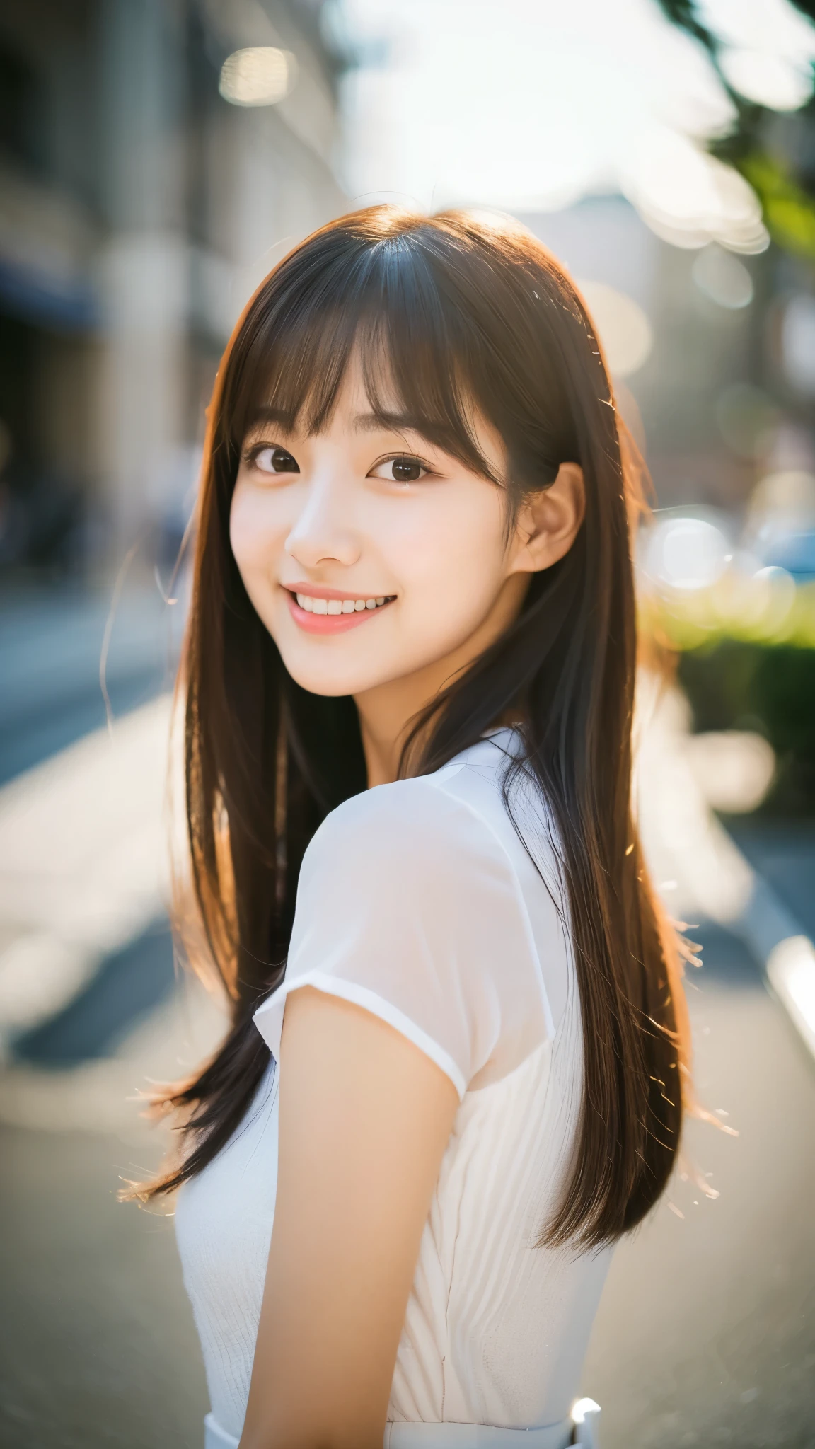 A radiant Korean girl with blunt bangs, dressed elegantly in a Sony FE GM outfit, stands confidently against a soft pastel backdrop. Her captivating light smile exudes joy and youthful exuberance. The composition is a close-up, highlighting her stylish appearance and the subtle textures of her attire. The image captures the essence of her charm, using soft illumination to enhance the scene's warmth and vibrancy. Rendered in ultra HD with 8k resolution, the portrait embodies a cinematic style with a hyper-realistic finish, emphasizing the girl's elegance and the serene atmosphere around her.