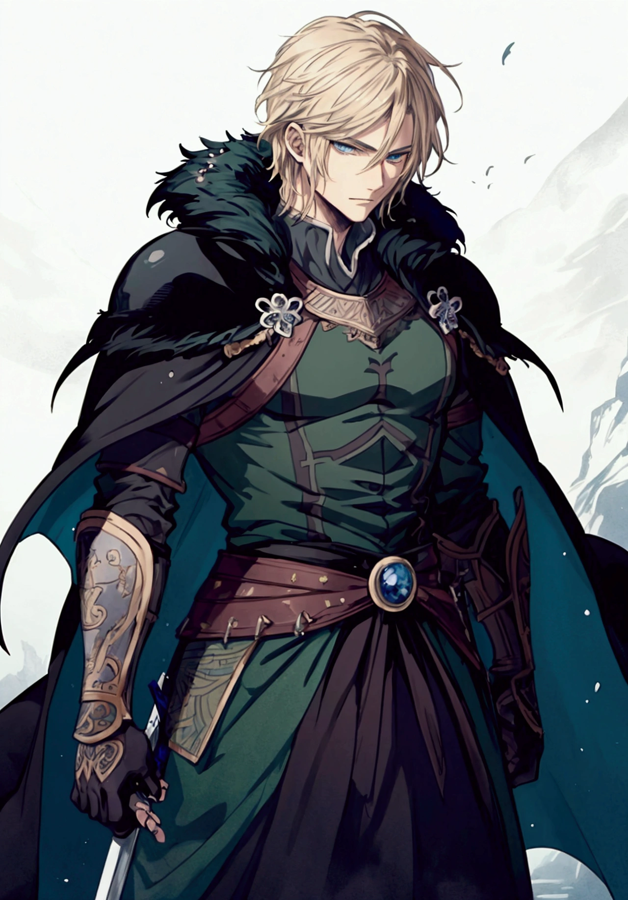 (Masterpiece), ((Highest Quality)),(Official Art),dark epic:1.2),(1 solo anime man: 1.3). A badass 32 years old warrior king with short blonde hair, blue-green eyes, and imposing build. He wields a giant sword and regal heavy armor covered with a fur cape, standing on a battlefield in winter night. Detailed picture. Detailed eyes. Masculine jaw. Soft fairytale picture Arthur Rackham-style. Colorful, best detailed ((super detailed)), (highly detailed 2D anime man illustration), ((dark and beautiful))