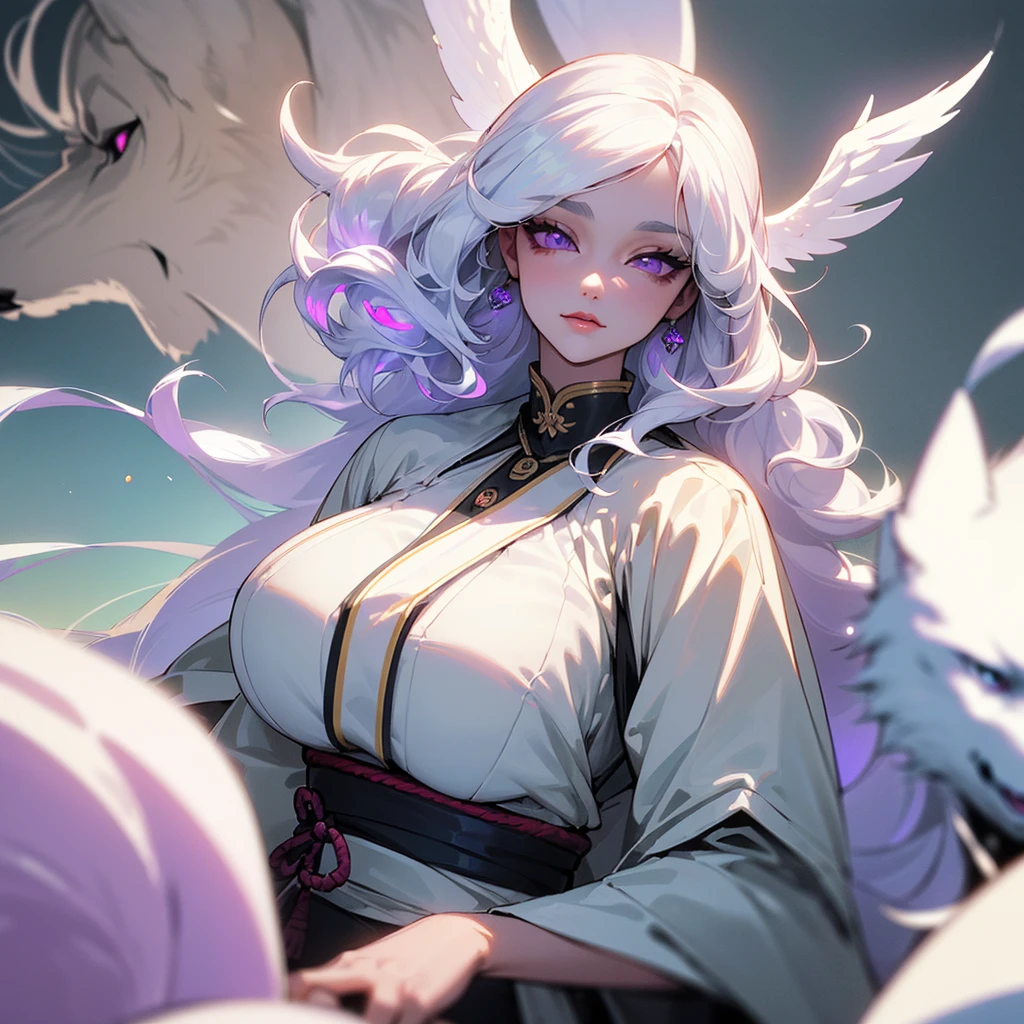 ((ultra quality)), ((masterpiece)), ((Samurai)), ((sensual)), ((Angelic beauty woman)), ((long white curly hair)), ((White hair)), ((White hair)), ((curly hair)),  (beautiful face), (beautiful female lips), Enchanting ((Seductive facial expression)), looks at the camera with a slight smile, (White skin color), (White skin), glow on the body, ((detailed eyes)), ((Next to a huge Wolf)), ((violet eyes)), (juicy female lips), (dark eyeliner), (beautiful female hands), ((thick body)), ideal female body, ((Year 1920)), beautiful waist, beautiful big hips, big breasts, thick thighs, ((threatening and beautiful)) (), ((depth of field)), ((high quality clear image)), (delete details), ((High detail)), ((clear focus))