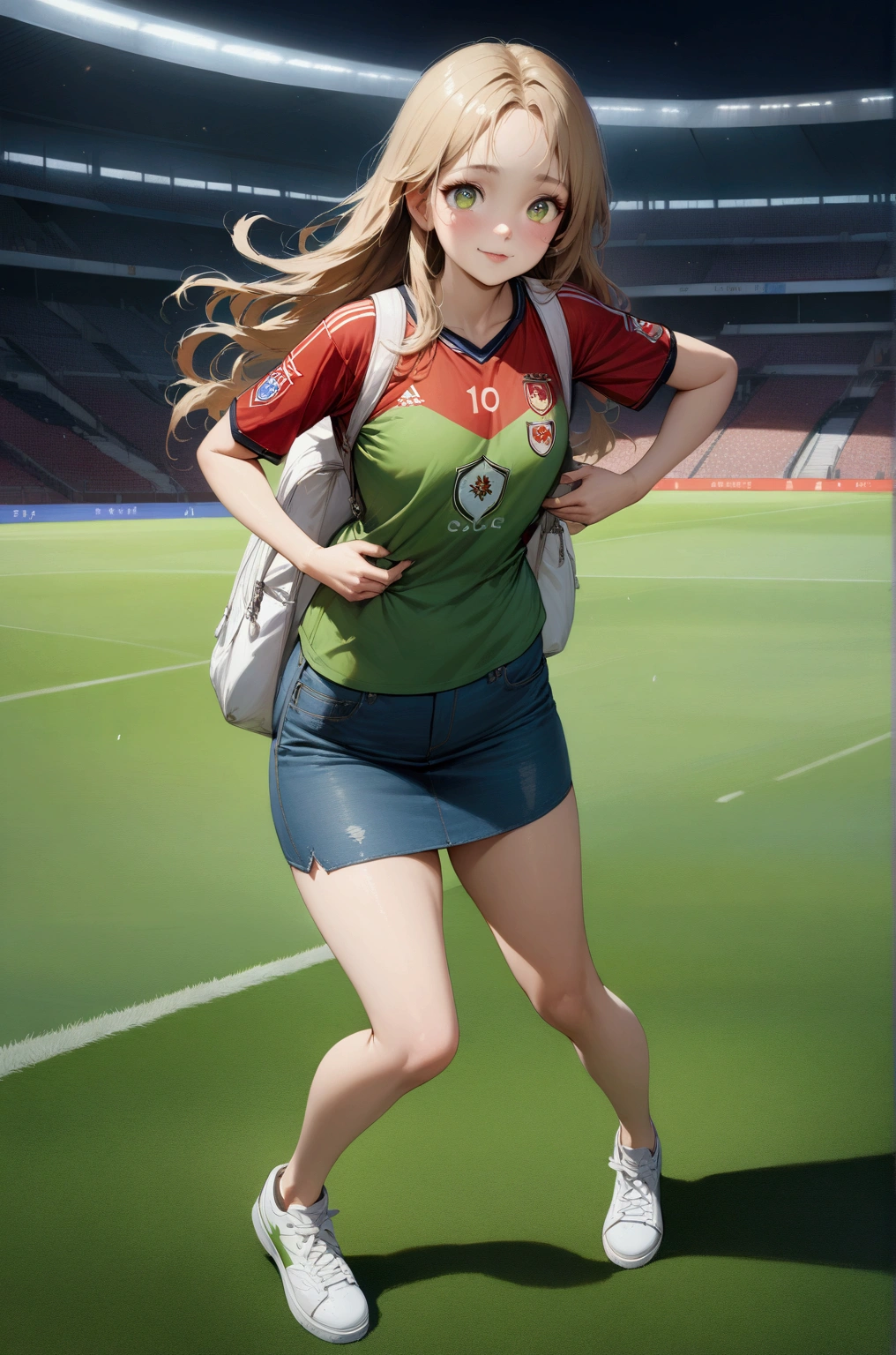 realistic anime illustration of adorable blonde young woman at soccer stadium, carrying white backpack, she has a long hair and forehead, she wearing green soccer t-shirt, blue denim tube mini skirt, white sneakers (1girl, solo, full body), (masterpiece, best quality, japanese anime style), (expressive eyes, perfect face)