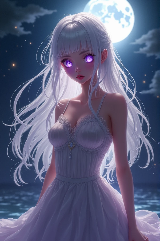 realistic, 1 girl 18 years old, White hair, purple eyes, sparkling eyes, skirt, parted lips, night, Sunbeam, huge breasts, curvy body, uncensored